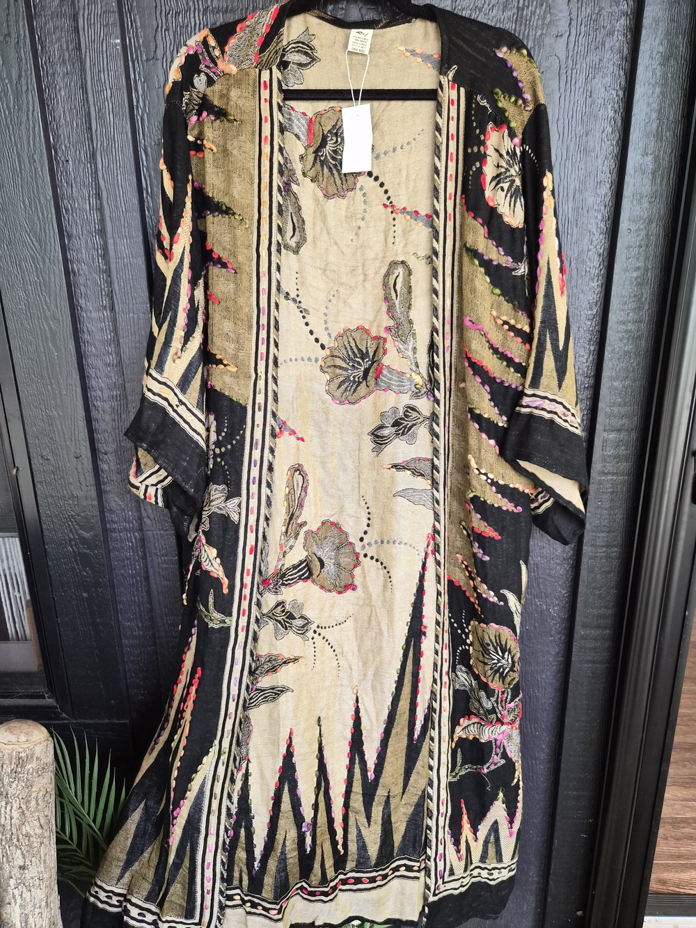 Raj Bohemian Floral Embroidered Open Front Duster Coat - Black & Cream